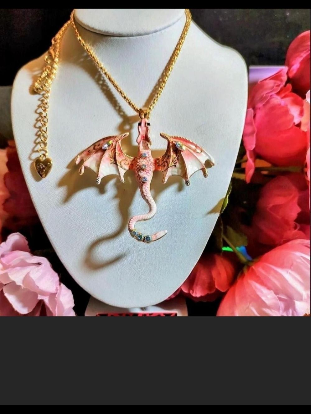 Betsey Johnson Pink Enamel Dragon Pendant Necklace with Gold Chain